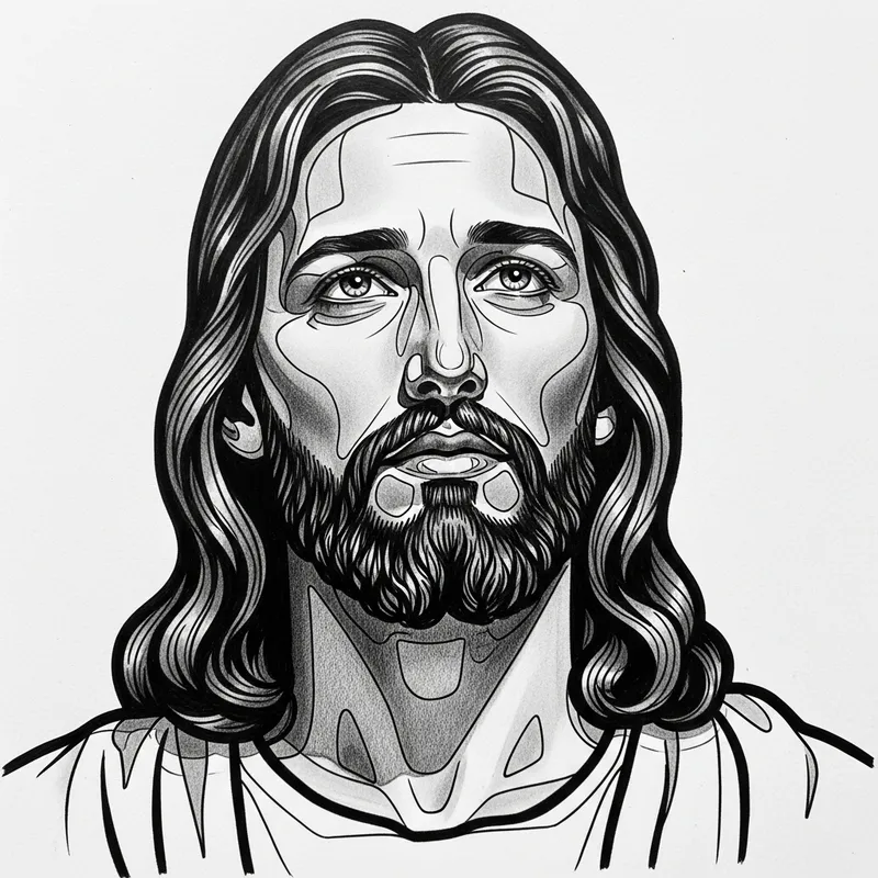 Realistic Pencil Drawing of Jesus Christ with Strong Black Outlines