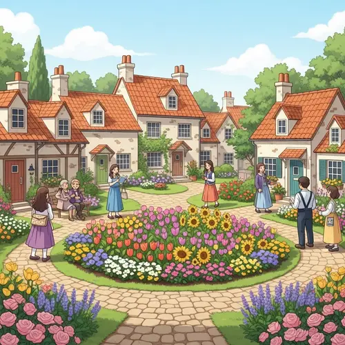 Quaint Village with Colorful Flower Bed | Serene Village Scene