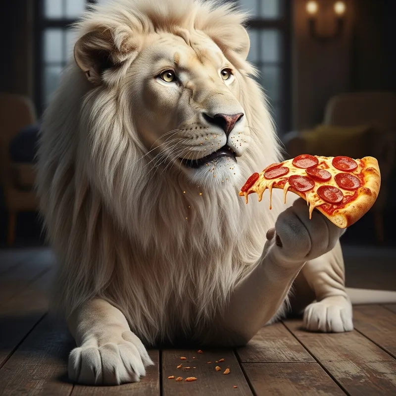 White Lion Eating Pizza - A Unique Sight to Behold