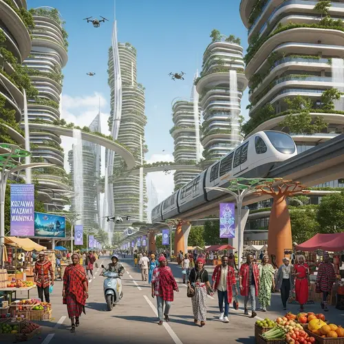 Sumbawanga 2050: Futuristic Cityscape Blending Tech and Nature