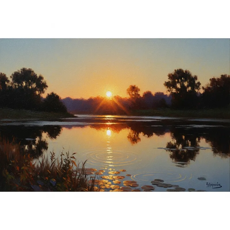 Radiant Sunset Painting in Impressionist Style