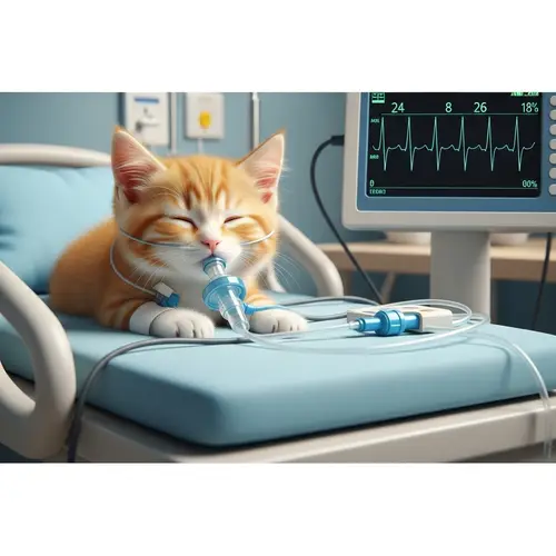 Orange Kitty in Hospital Bed with Heart Monitor