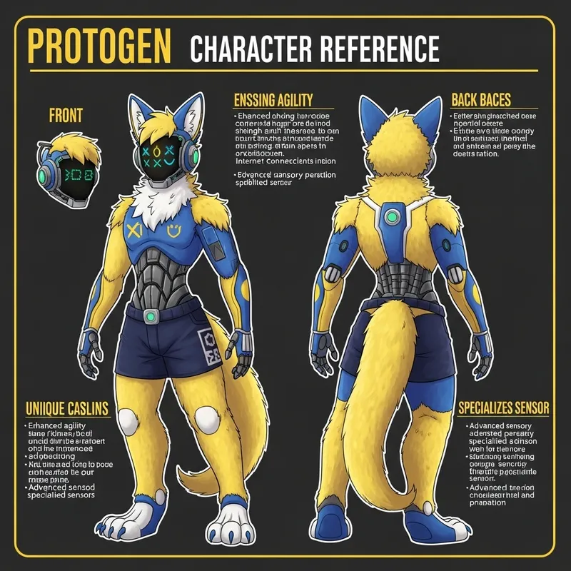 Detailed Protogen Fursona Image Reference - Front and Back Views