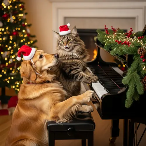 Norwegian Forest Cat and Golden Retriever Christmas Hat Piano Play