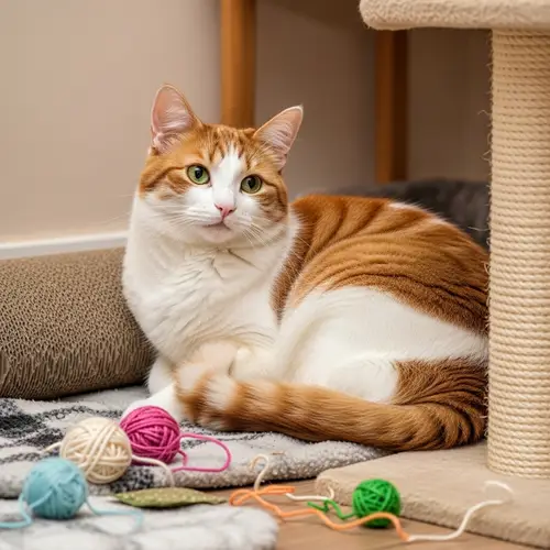Furry Ginger and White Cat Resting in Cozy Room