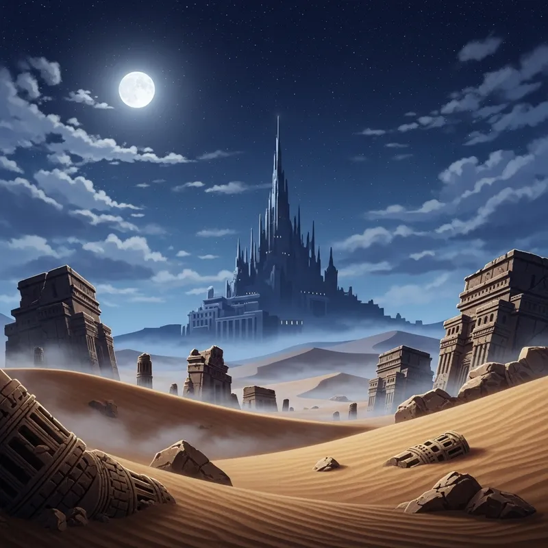 Enchanting Anime Desert with Moon, Stars, Ruins & Palace