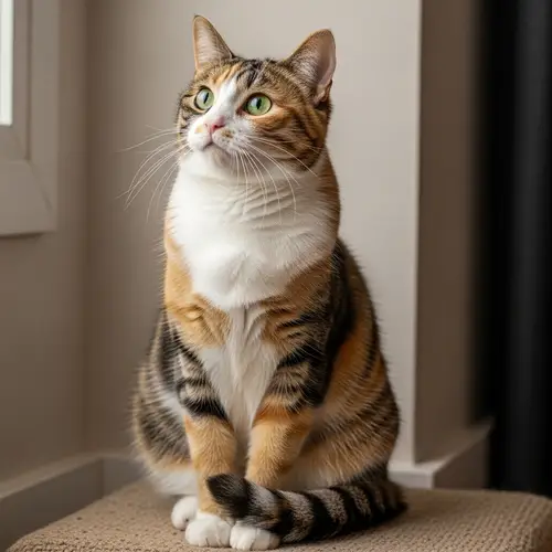 Calico Cat with Soft, Fluffy Fur and Bright Green Eyes