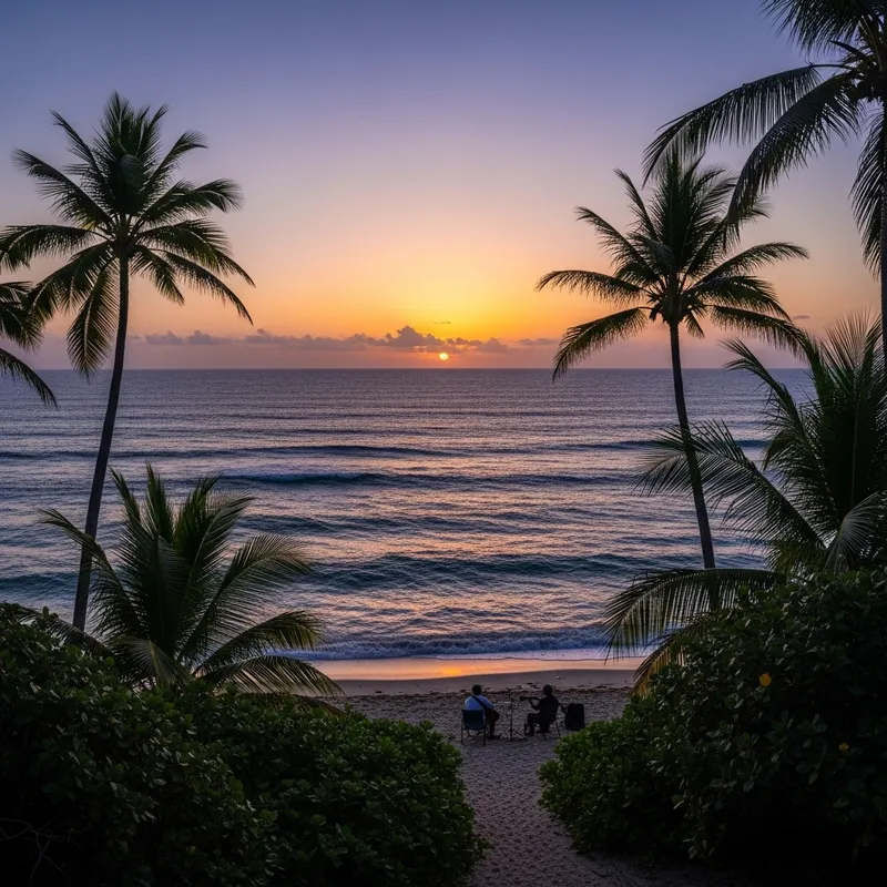 Tranquil Beach Evening: Serene Ocean, Palm Trees & Sunset Melodies