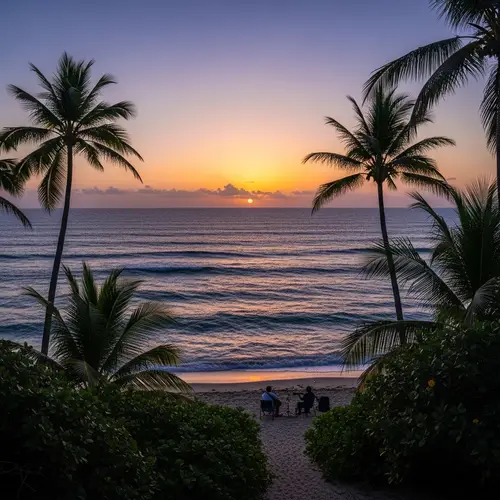 Tranquil Beach Evening: Ocean, Palms, Sun & Music