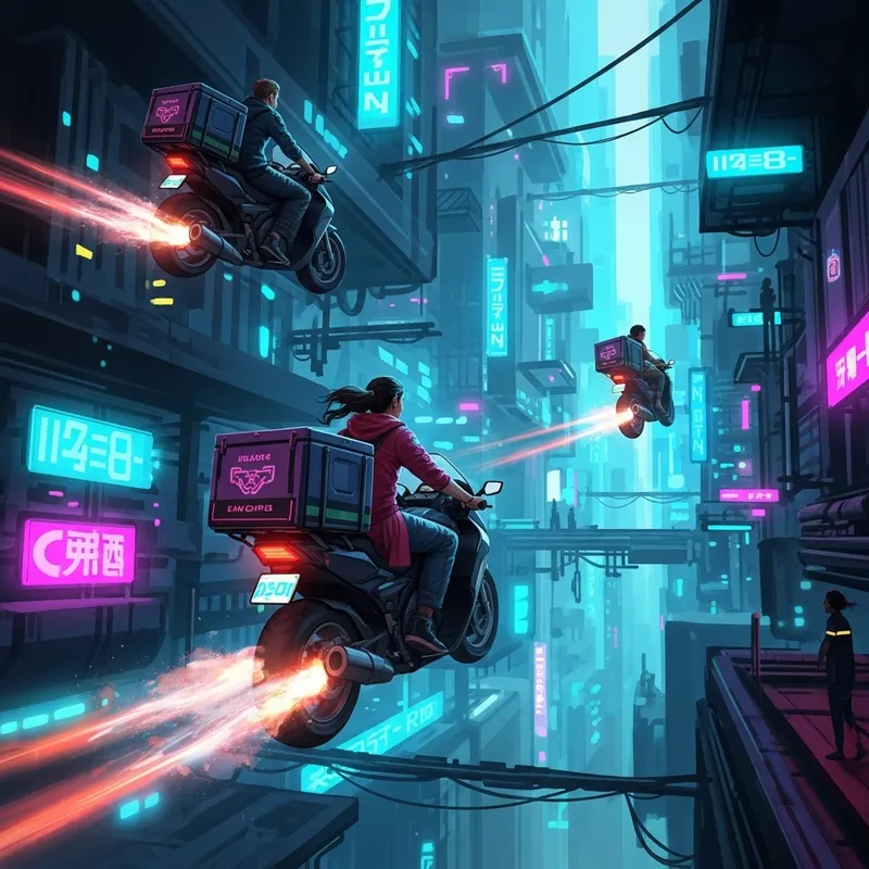 Neon Cyberpunk Motorbike Delivery in Futuristic City