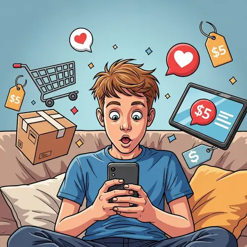 Funny Teenage Boy Amazed by Online Shopping - Comical Scene