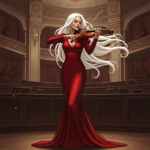 Hispanic Woman Playing Violin in Ornate Concert Hall | Art Nouveau Style