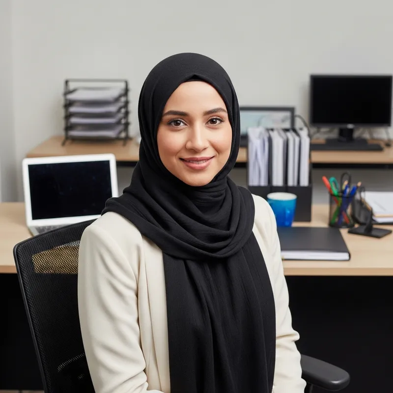 Professional Office Portrait: Woman in Hijab with Corporate Ambiance