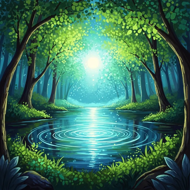 Enchanted Forest with Glowing Lake | Vibrant Art