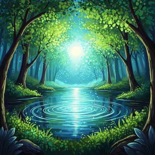 Enchanted Forest with Glowing Lake | Vibrant Art