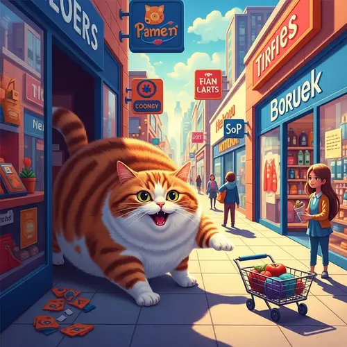 Plush Cat Sneaking into Colorful Mall | Playful Feline Pose