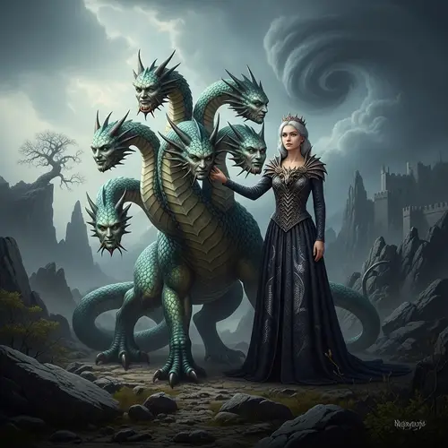 Fantasy Scene with Silver-Haired Woman and Hydra
