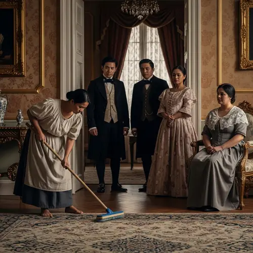 19th Century Filipino Slave Woman Cleaning - Social Class Contrast