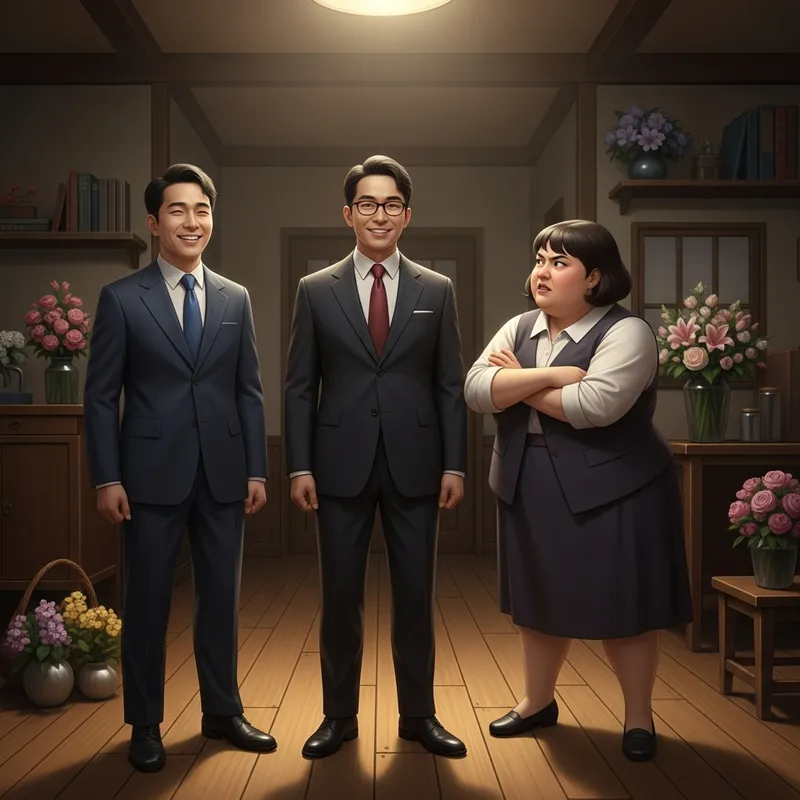 Smiling Man with Glasses and Eyes Closed, Angry Woman with Short Dark Hair, in Dark Room with Flowers