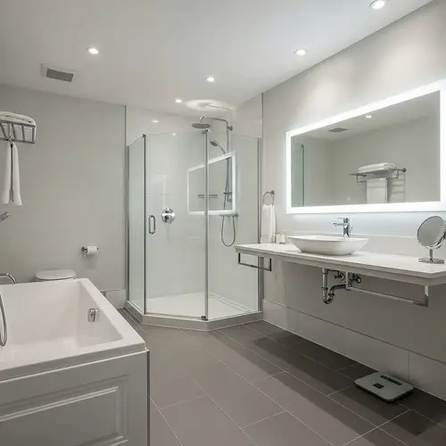 Modern Bathroom Design: Sleek Tiles, Glass Shower & Ceramic Bathtub