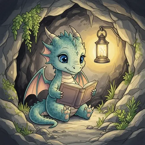 Charming Baby Dragon Reading Book by Lantern Light