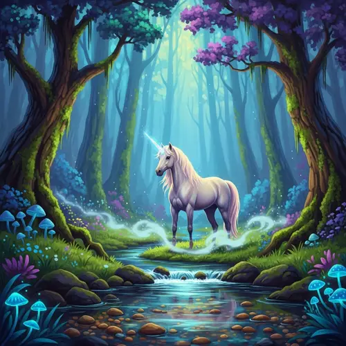 Mystical Forest with Unicorn | Vibrant Digital Painting