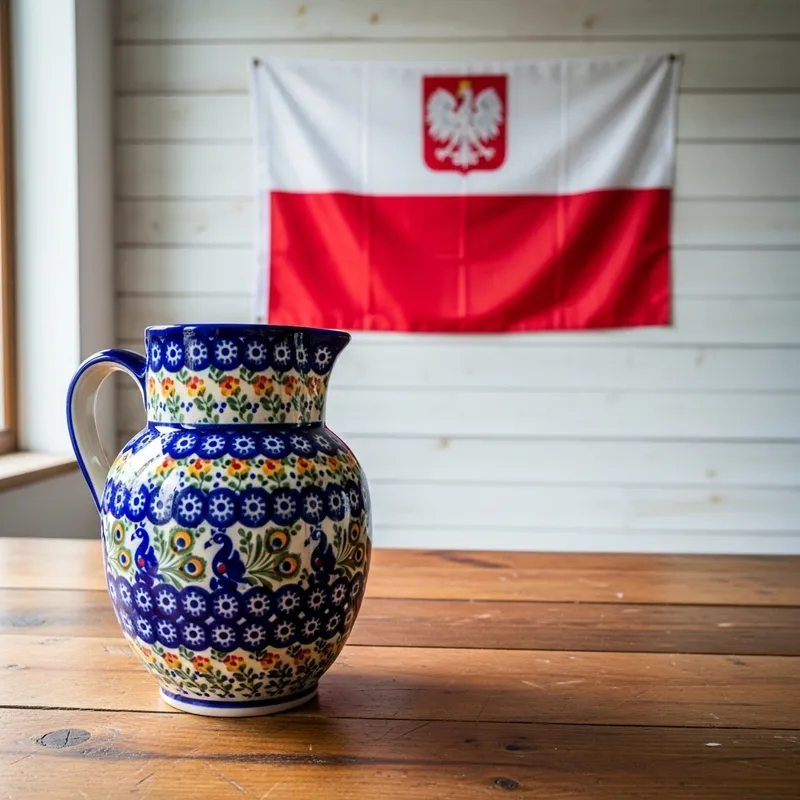 Handcrafted Polish Pottery Pitcher on Wooden Table with Polish Flag Wall Decor