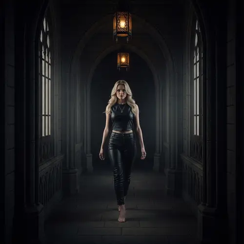 Seductive Blonde Woman in Black Leather Bikini – Fantasy Cinematic Scene