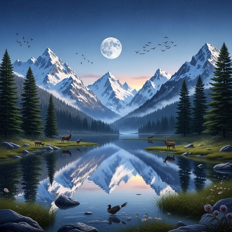 Serene Snowy Peaks and Crystal-Clear Lake View