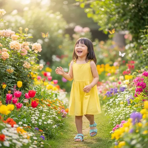 Young Girl Playing in Lush Garden with Colorful Flowers