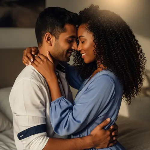 Intimate Moment: South Asian Man Embracing Black Woman