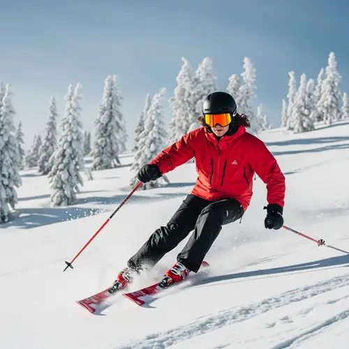 Snowy Mountain Skier | Red Ski Jacket & Black Pants