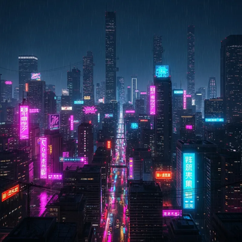 Dystopian Cyberpunk Metropolis: Neon Glow & Urban Chaos