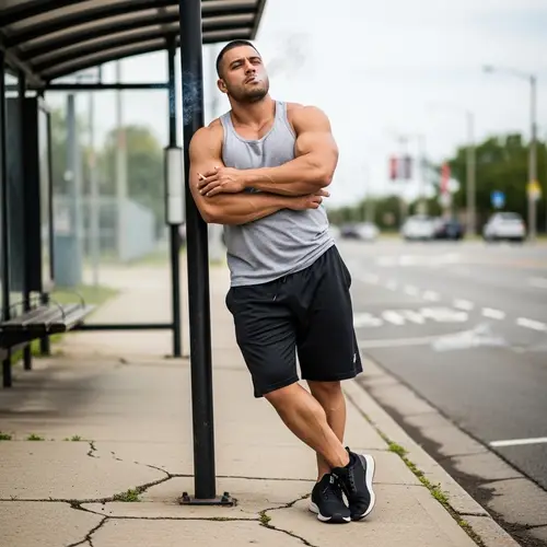 Muscular Individual Smoking while Waiting for Bus