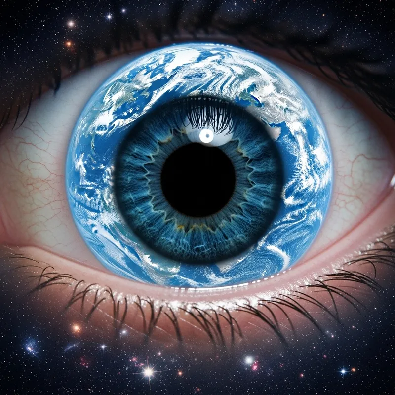 Celestial Planet Eye Art: Blue Surface & Black Hole Vision