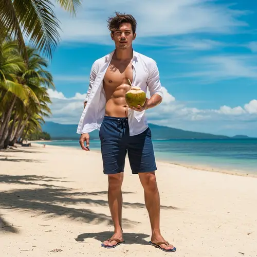 Filipino Man Standing Confidently on Sunny Beach