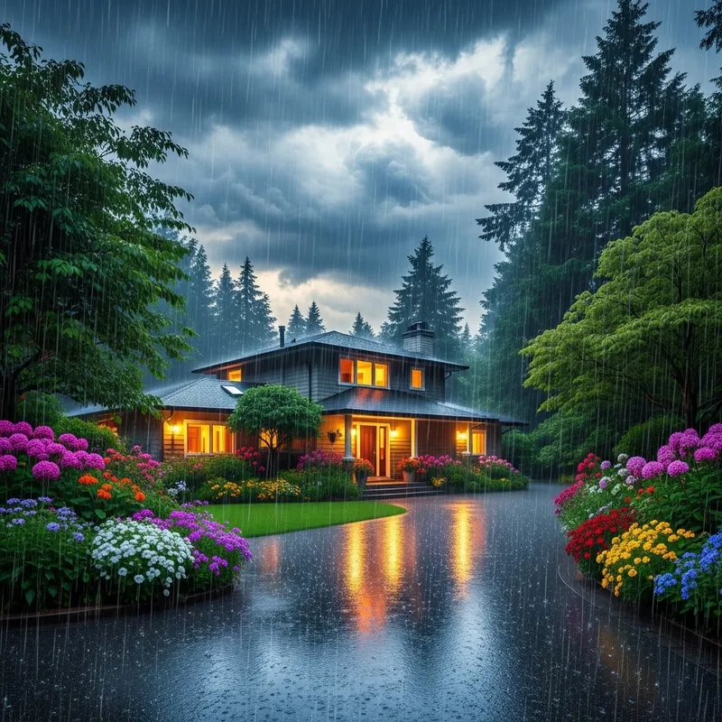 Idyllic Suburban Home in Lush Garden: Rainy Day Beauty