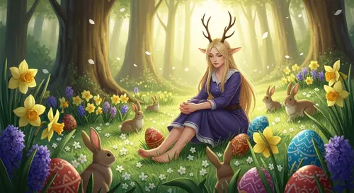 Enchanting Spring Goddess with Bunnies and Colorful Eggs