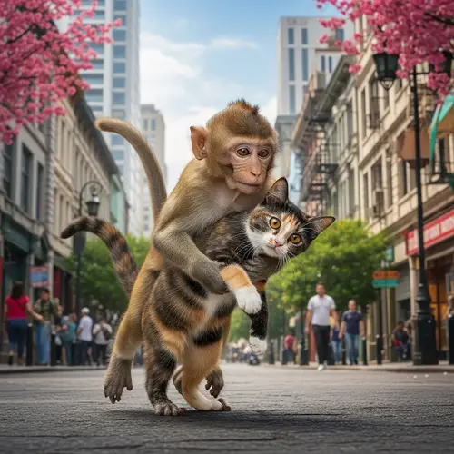 Inquisitive South Asian Monkey Grabs Startled Cat