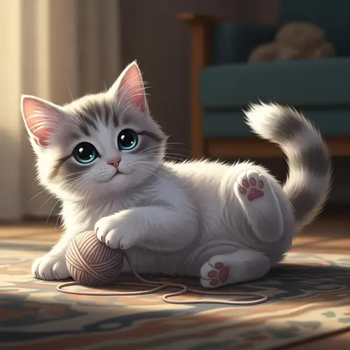 Adorable Fluffy Kitten with Blue Eyes on Patterned Rug