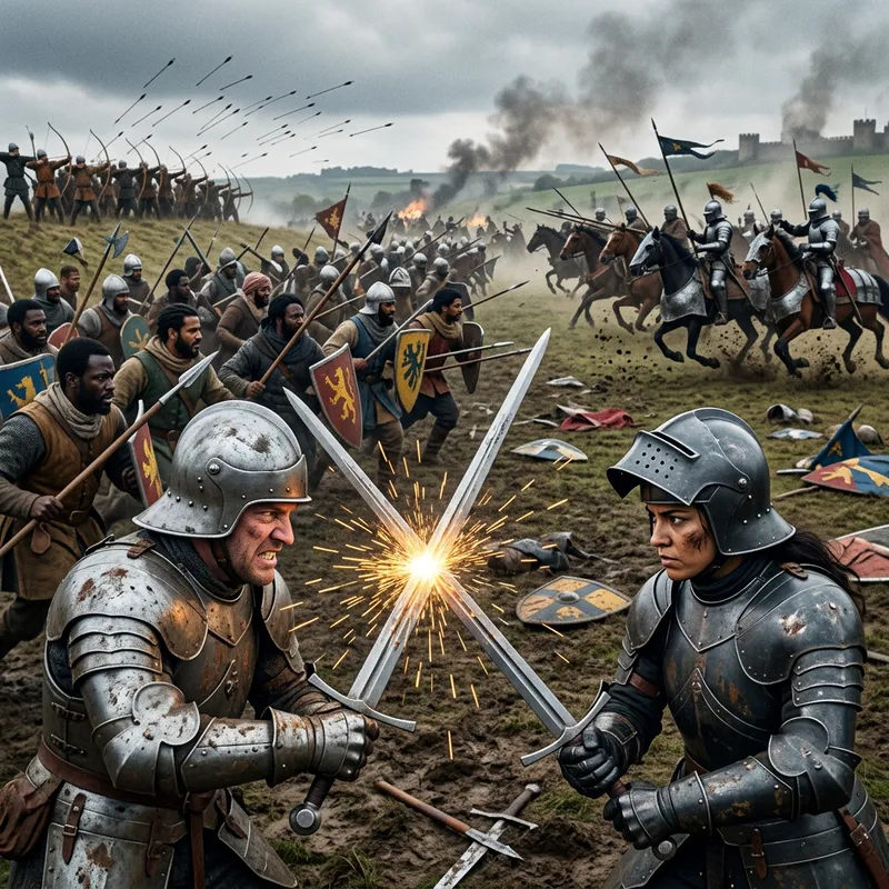 Epic Battle Scene: Knights vs Diverse Warriors in Medieval Combat