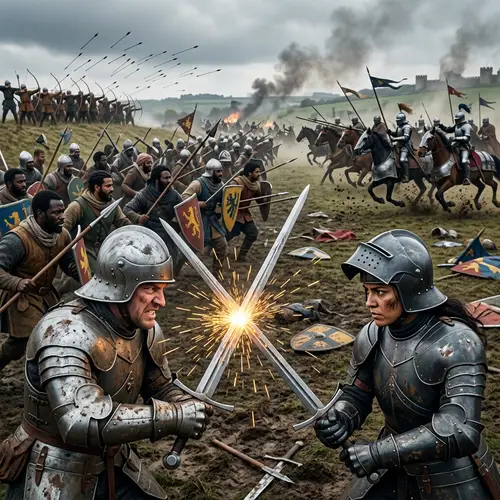 Intense Medieval Battle Scene with Diverse Warriors