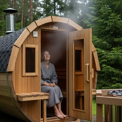 Barrel Sauna Experience: Woman Enjoying Nature Retreat