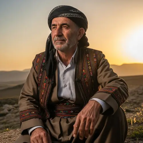 Middle-Aged Kurdish Man in Tranquil Landscape