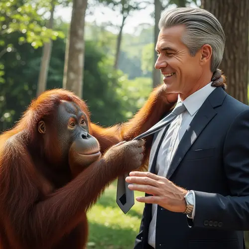 Playful Orange-Haired Orangutan with Silver-Haired Businessman
