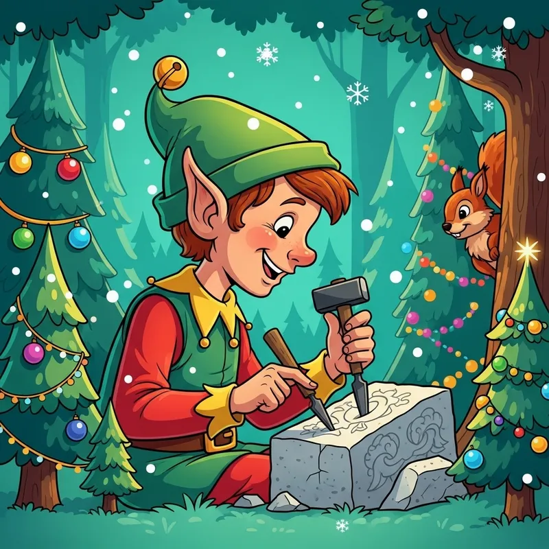 Christmas Elf Carving Stone - Cartoon Style Profile Illustration