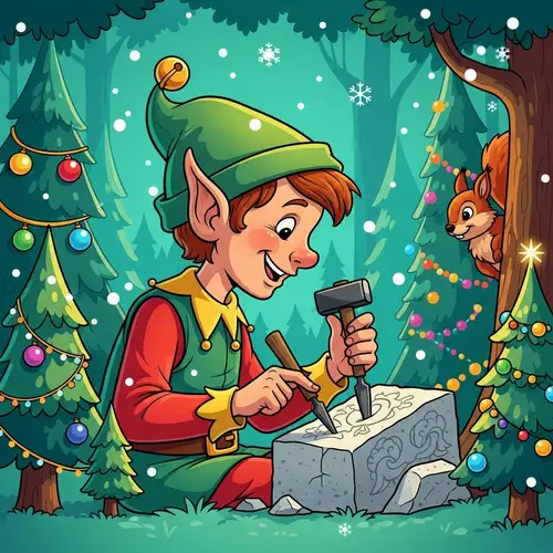 Iconic Elf Carving Stone - Christmas Cartoon Illustration