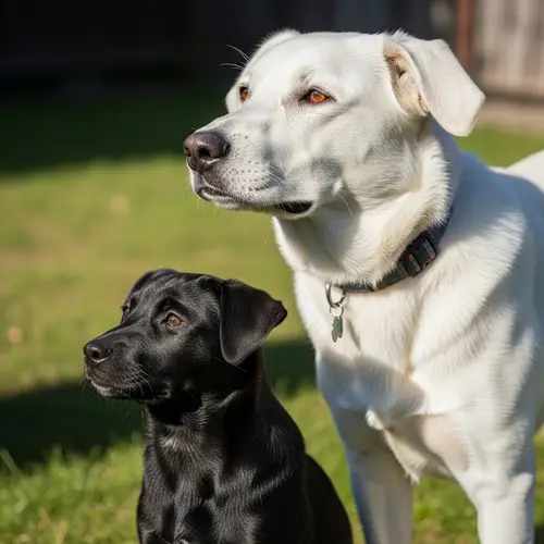Mature White Dog and Black Puppy in Sunny Outdoor Setting
