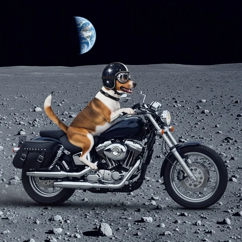 Happy Dog Riding a Motorcycle on the Moon