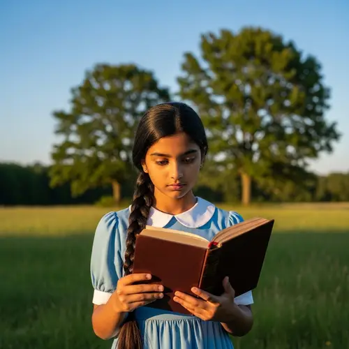 Curious South Asian Girl Reading Book in Breathtaking Sunset Scene